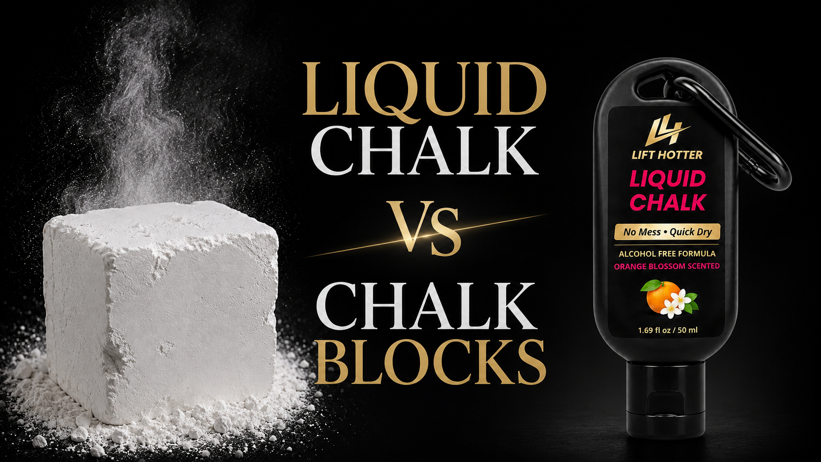 Liquid chalk versus chalk blocks: a Lift Hotter liquid chalk bottle beside a block of gym chalk