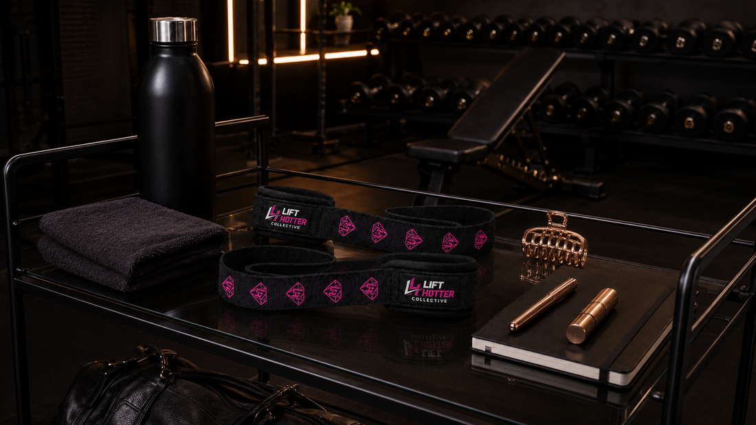 Lift Hotter lifting straps styled on a bar cart with water bottle, hair clip, and notebook in a home gym