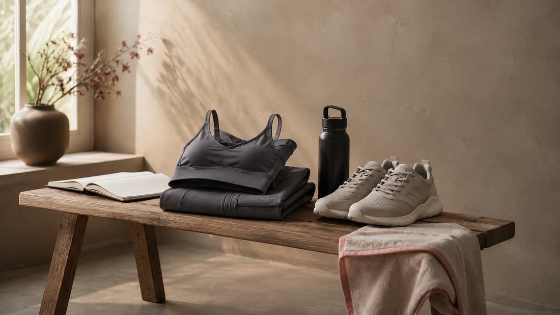 Folded charcoal training set, water bottle, sneakers, and notebook on a wooden bench in warm natural light