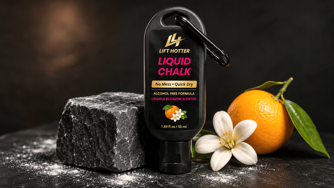Bottle of Lift Hotter liquid chalk on a chalk block with an orange and orange blossom