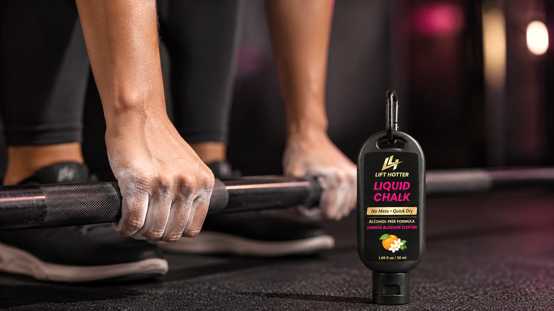 Liquid chalk and a loaded barbell in warm natural light