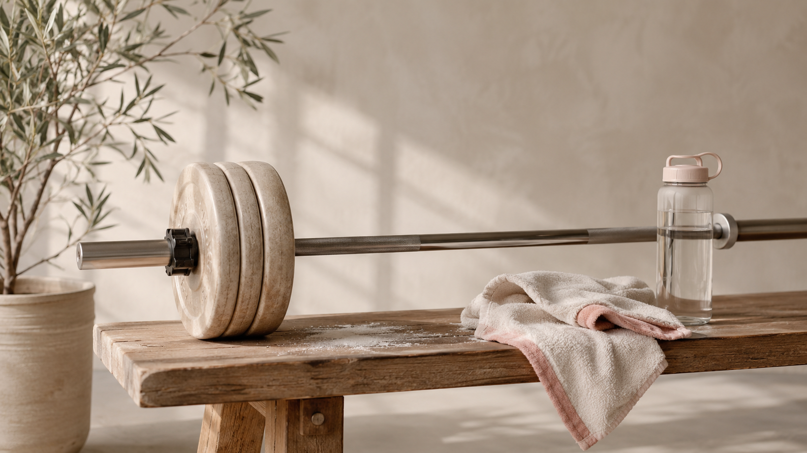 Loaded barbell, chalk, a towel with a blush edge, and a water bottle on a wooden bench in warm natural light
