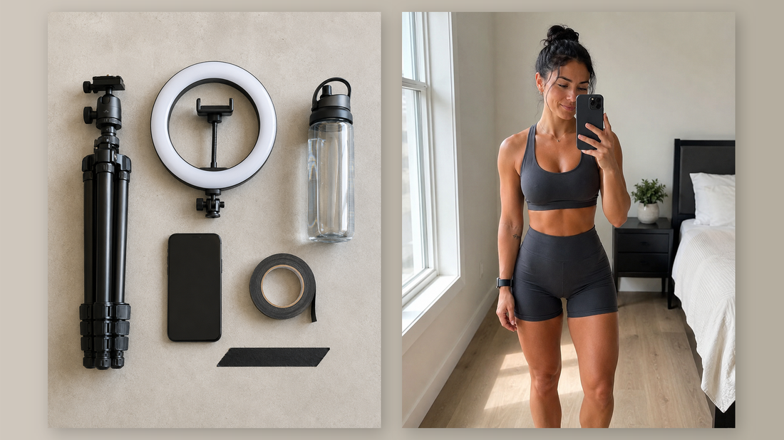 Flat-lay of progress-photo gear beside a woman taking a mirror selfie in a charcoal set