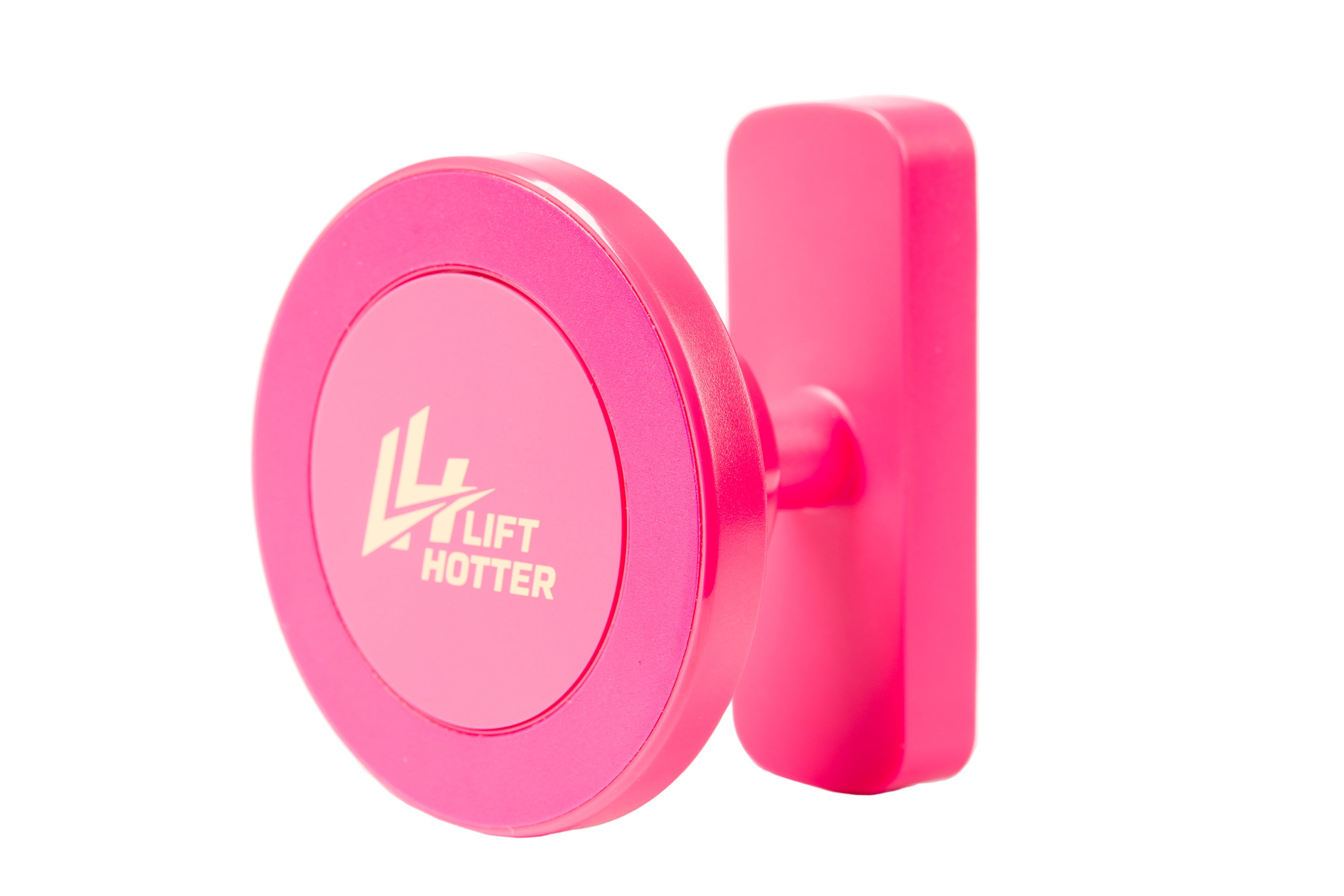 Lift Hotter magnetic gym phone mount in signature pink — front view showing circular disk face with gold LH logo and wall plate