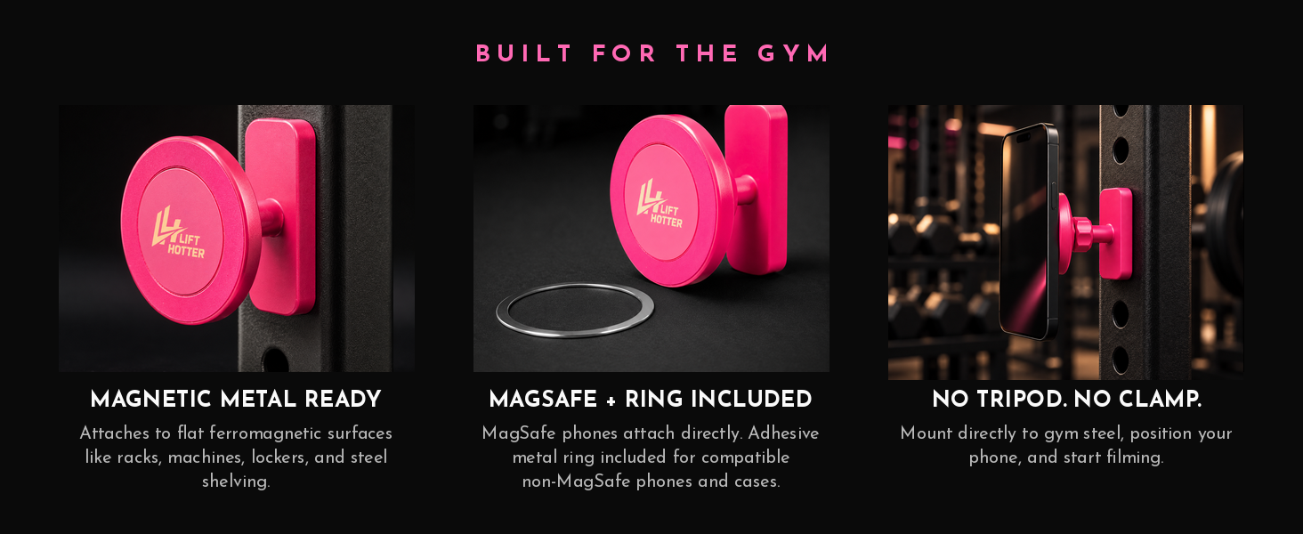 Lift Hotter gym phone mount features: magnetic hold on gym steel, MagSafe with included metal ring, no tripod or clamp needed
