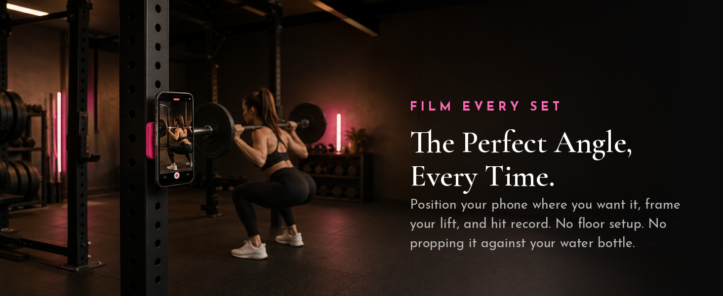 Lift Hotter magnetic gym phone mount attached to a squat rack for hands-free workout filming