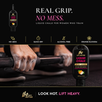 Lift Hotter Liquid Chalk bottle with carabiner beside a chalked hand gripping a barbell. Real Grip, No Mess. Four features: no mess, quick dry, alcohol free, orange blossom scented.