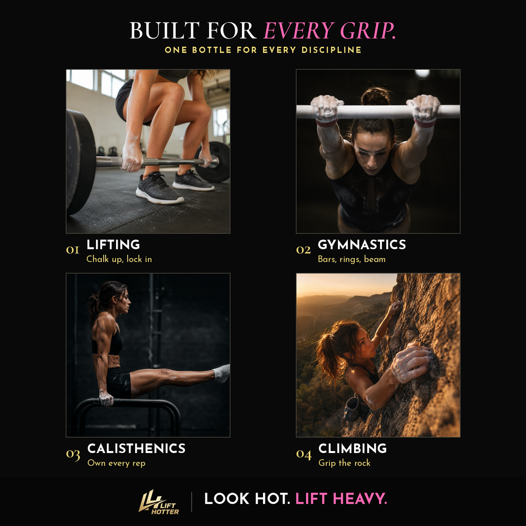 Four disciplines Lift Hotter Liquid Chalk is built for, each shown with a woman training: lifting, gymnastics, calisthenics, and climbing.