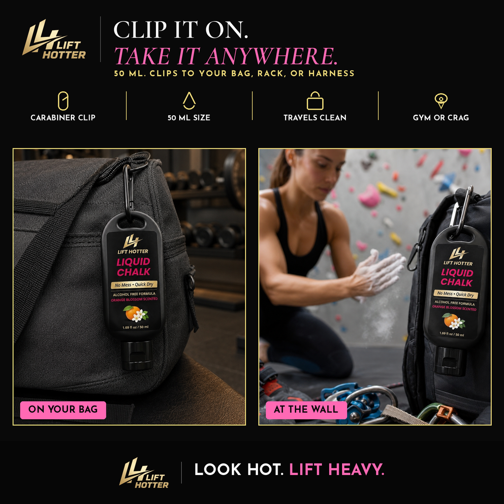 Lift Hotter Liquid Chalk clipped by its carabiner to a gym bag and to a climbing pack at a bouldering wall. 50 ml bottle that clips to your bag, rack, or harness and travels clean.