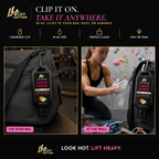 Lift Hotter Liquid Chalk clipped by its carabiner to a gym bag and to a climbing pack at a bouldering wall. 50 ml bottle that clips to your bag, rack, or harness and travels clean.