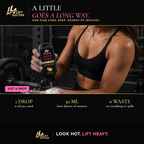 A woman squeezing a drop of Lift Hotter Liquid Chalk into her hands in a weight room. One dime-sized drop is all you need, 50 ml lasts dozens of sessions, no crumbling or spills.