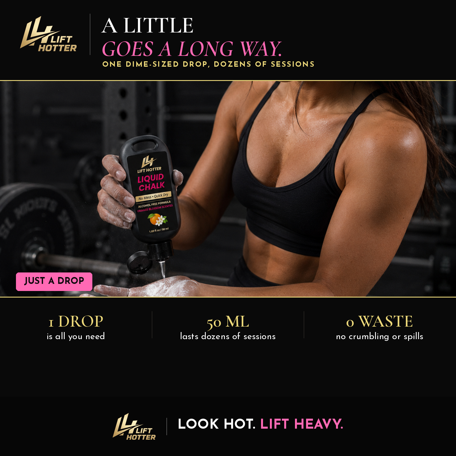 A woman squeezing a drop of Lift Hotter Liquid Chalk into her hands in a weight room. One dime-sized drop is all you need, 50 ml lasts dozens of sessions, no crumbling or spills.