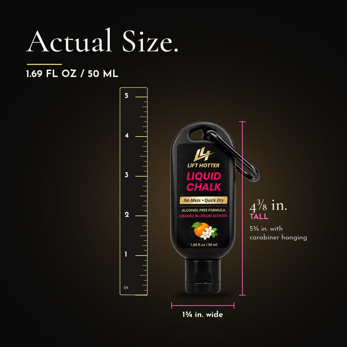 Lift Hotter Liquid Chalk bottle next to an inch ruler showing it is 4 3/8 inches tall and 1 3/4 inches wide