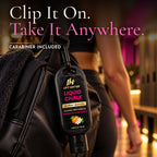 Lift Hotter liquid chalk clipped to a gym bag with the included carabiner so you can take it anywhere