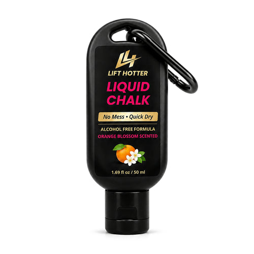 Lift Hotter orange blossom liquid chalk in a 50 ml black squeeze bottle with carabiner