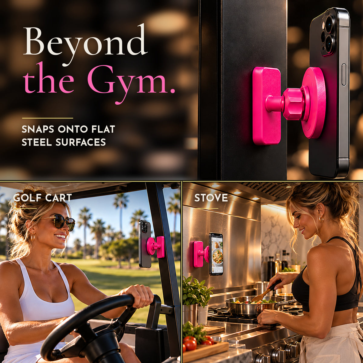 Pink Lift Hotter magnetic gym phone mount used beyond the gym on a golf cart and a stainless steel kitchen backsplash
