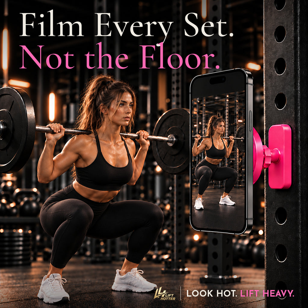 Woman squatting with a barbell as a pink Lift Hotter magnetic gym phone mount films her set from the rack, not the floor