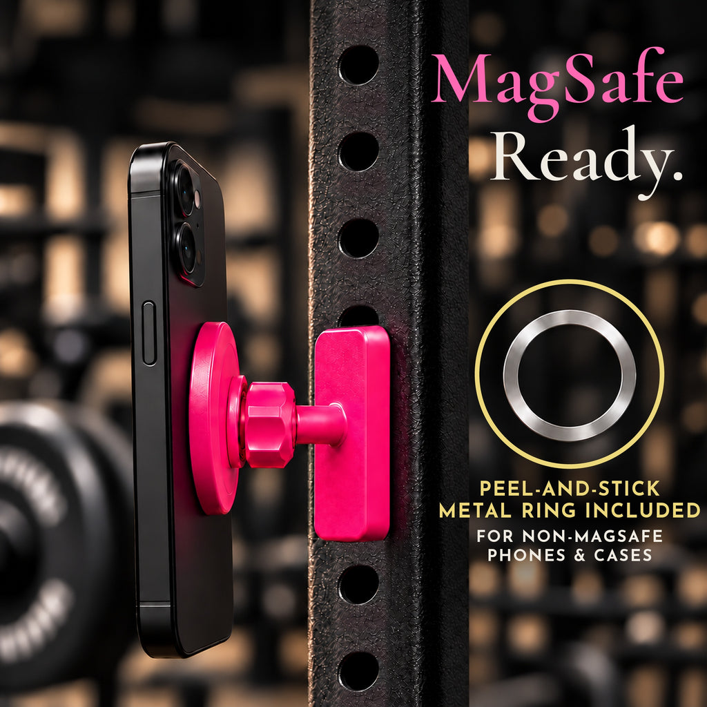 Pink magnetic mount holding a phone on a squat rack, with a peel-and-stick metal ring included for non-MagSafe phones and cases