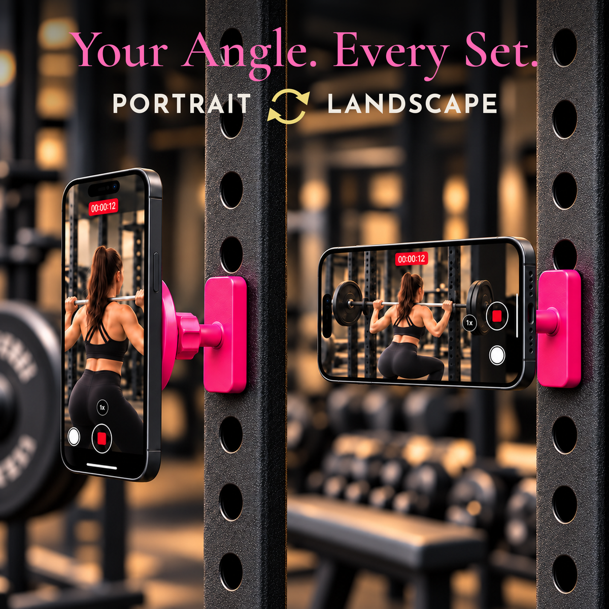 Magnetic gym phone mount rotating a phone for portrait or landscape filming at any angle, every set