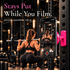 Pink magnetic gym phone mount holding a phone that stays put with no slipping while filming a squat