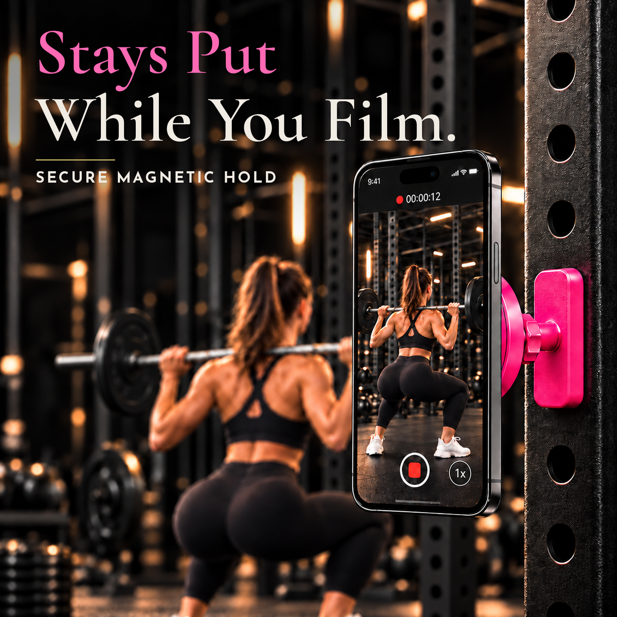 Pink magnetic gym phone mount holding a phone that stays put with no slipping while filming a squat