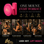 Lift Hotter magnetic gym phone mount shown in use at squat rack, cable machine, bench press, and hip thrust. One mount for every workout