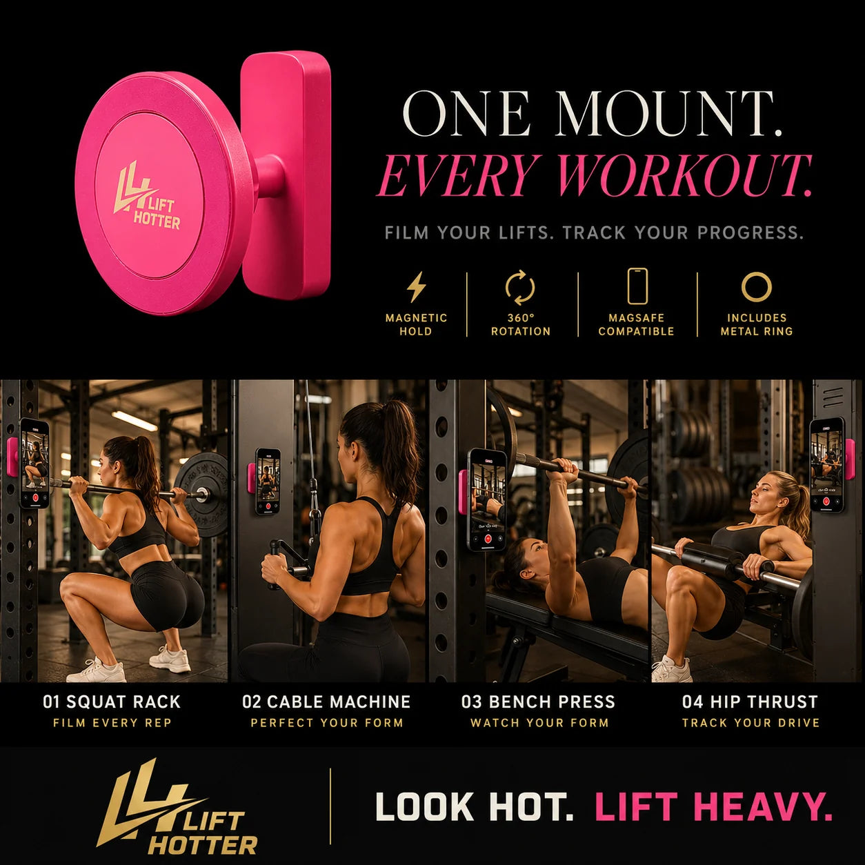 Lift Hotter magnetic gym phone mount shown in use at squat rack, cable machine, bench press, and hip thrust. One mount for every workout