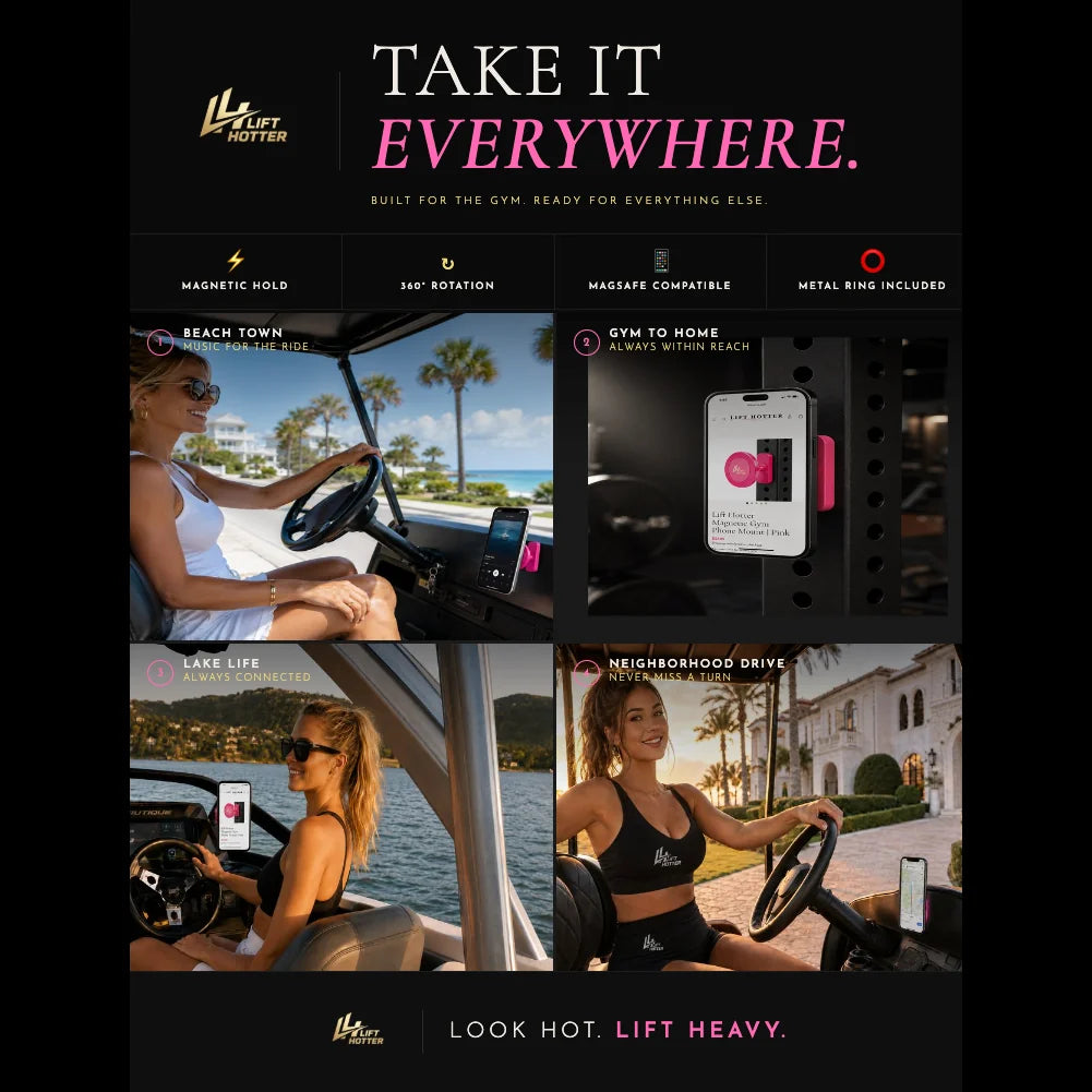 Lift Hotter magnetic phone mount used at the beach, gym, lake, and neighborhood drive — built for the gym, ready for everything else