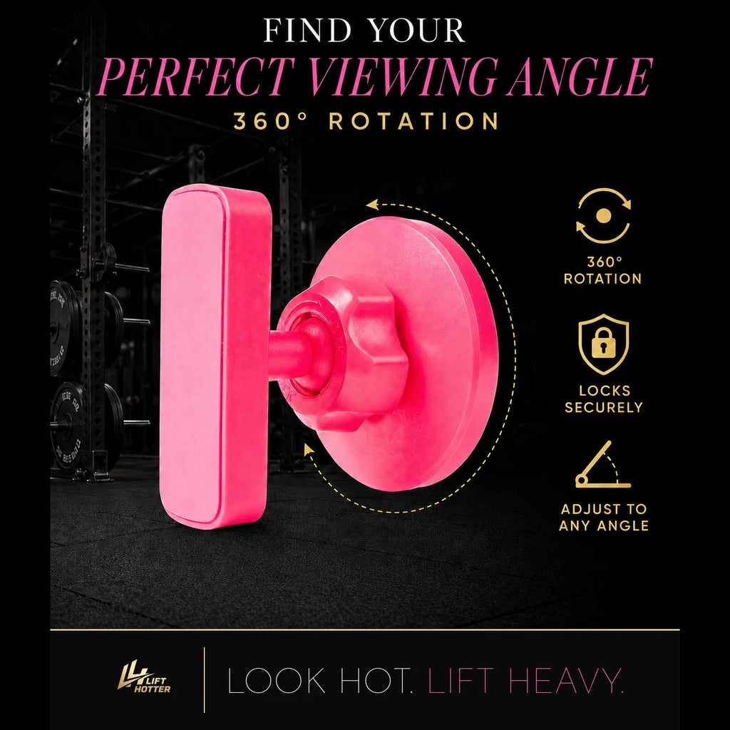 Lift Hotter magnetic gym phone mount showing 360 degree rotation with locking nut — adjust to any viewing angle