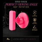Lift Hotter magnetic gym phone mount showing 360 degree rotation with locking nut — adjust to any viewing angle