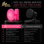 Lift Hotter vs ordinary phone mounts comparison chart showing stronger magnets, 360 rotation, and gym-focused design